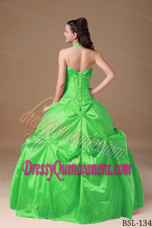 Halter-top Spring Green Quinceanera Gown with Ruches and Beads on Promotion