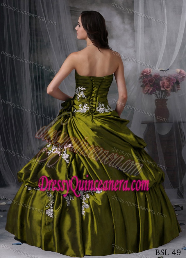 Strapless Floor-length Taffeta Sweet 16 Dress in Olive Green with White Appliques