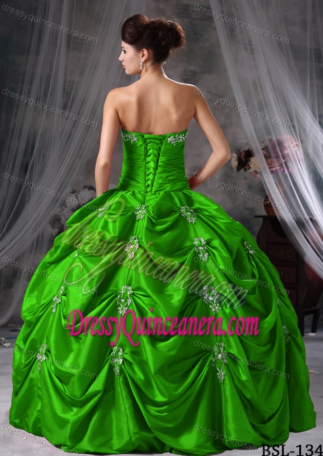 Ball Gown Strapless Dress for Quinceanera with Appliques and Pick-ups in Taffeta
