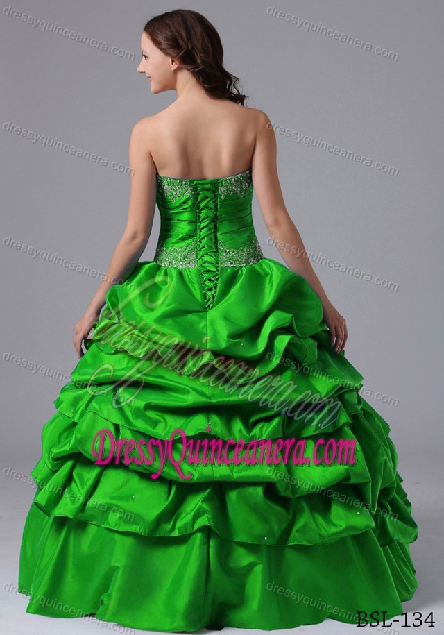 Appliqued and Ruched Taffeta Sweet Sixteen Dress with Pick-ups in Spring Green