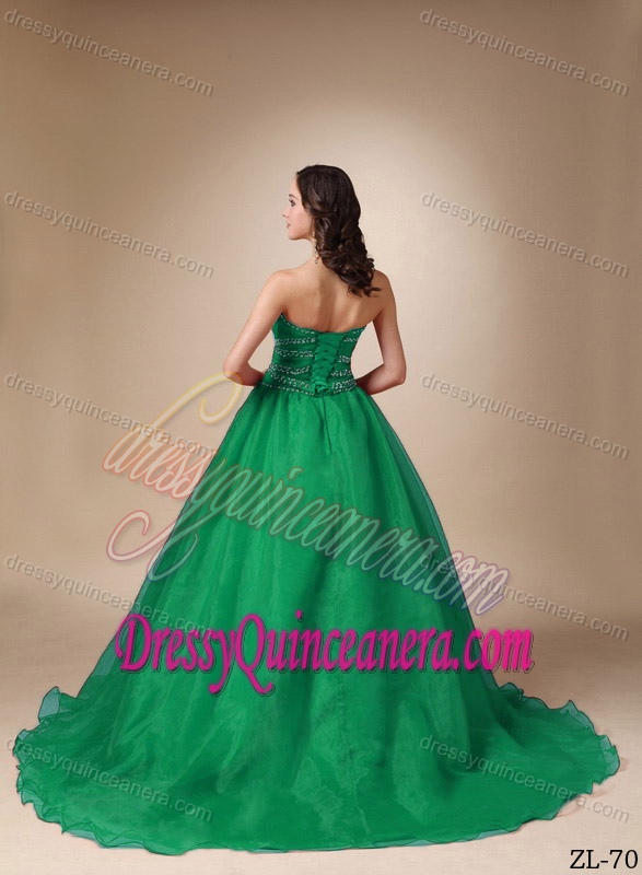 Ruched and Beaded Quinceanera Gown with Heart Shaped Neckline in Green Color