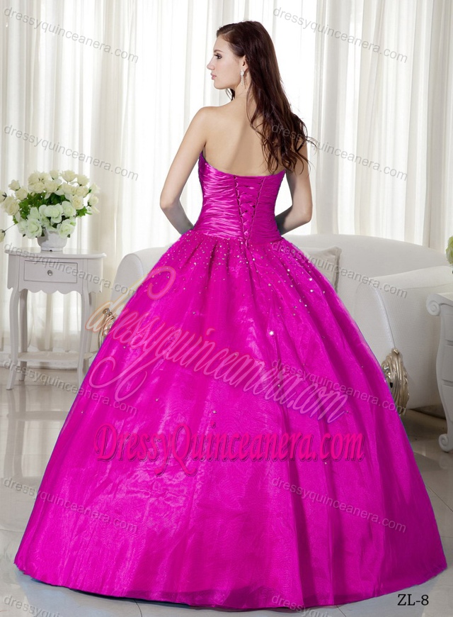 Strapless Fuchsia Dresses for Quinceanera with Beads and Lace Up Back in Taffeta