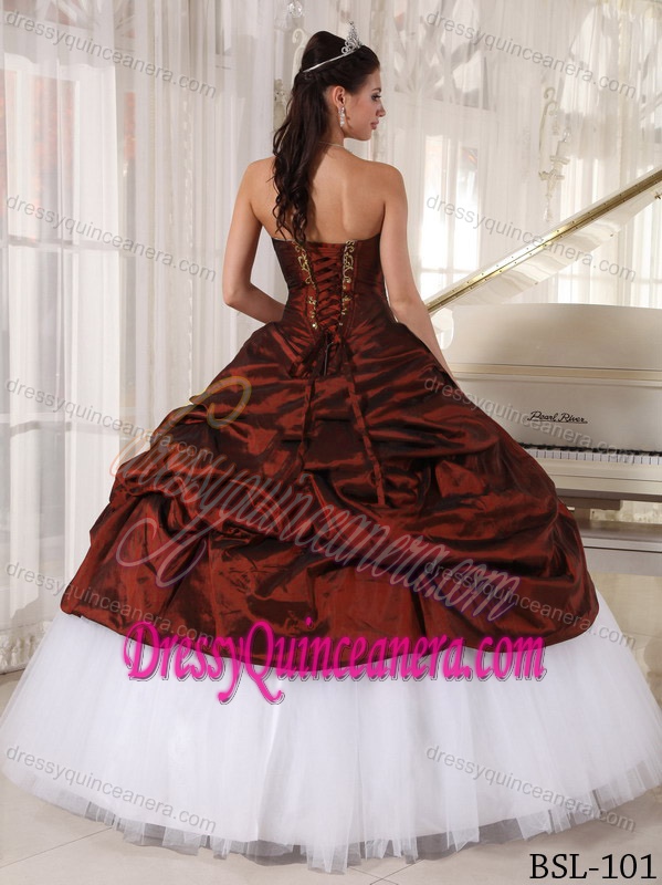 Cheap Wine Red and White Quinceanera Dress with Pick-ups and Gold Appliques