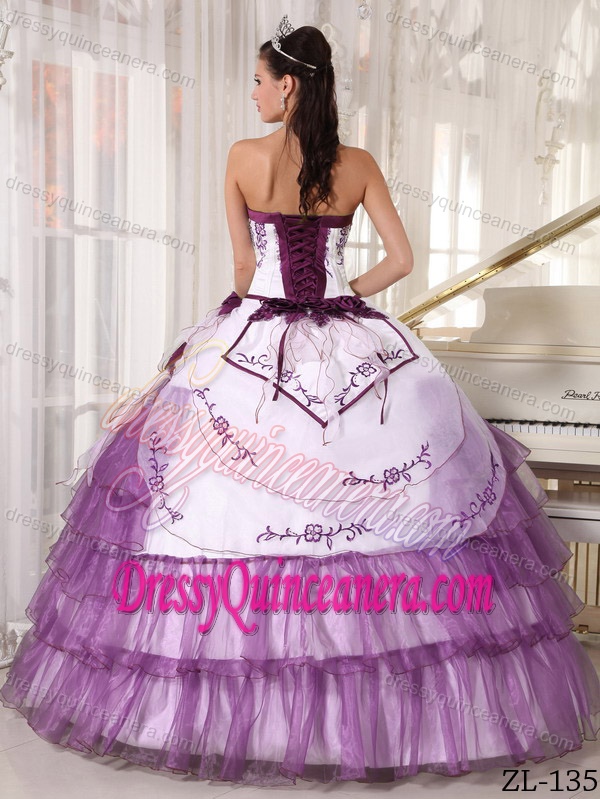 Floor-length Purple Organza Layers Embroidery Quinceanera Dresses