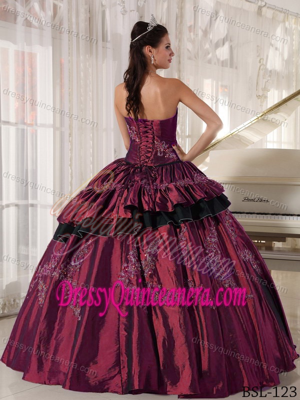 Wine Red Floor-length Beading Ball Gown Taffeta for Quinceaneras
