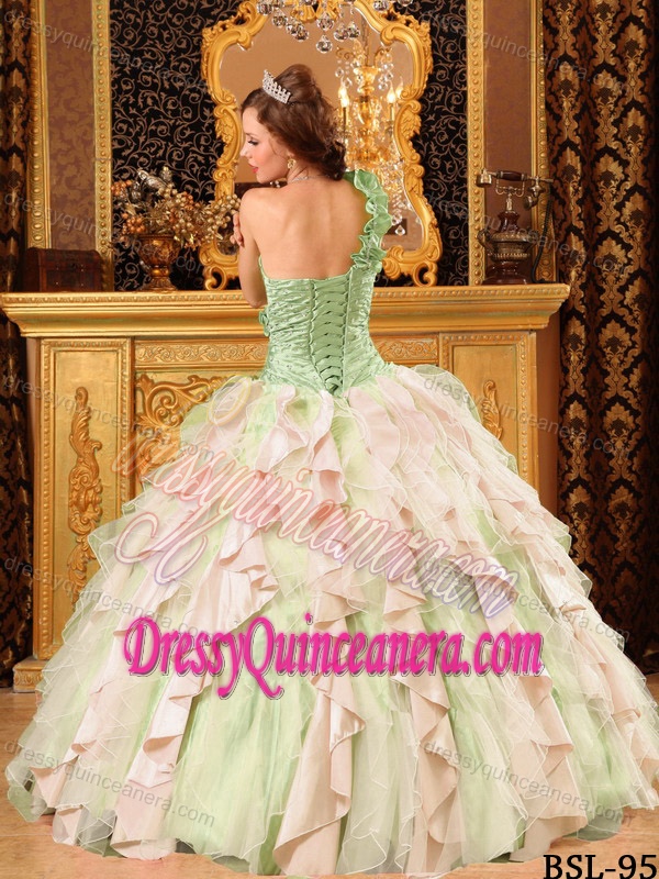 Multi-Color One Shoulder Beading Ruffles Floor-length Quince Dresses