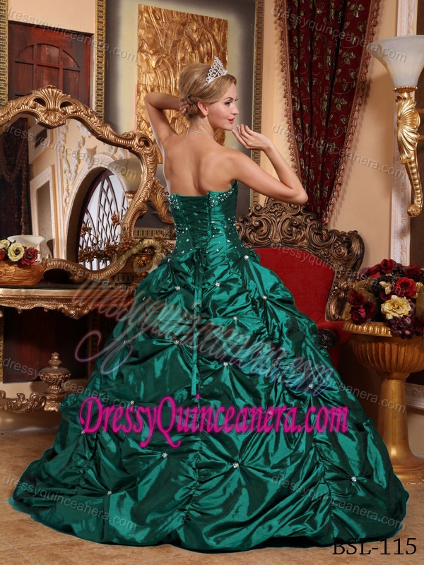 2013 Hunter Green Beading Floor-length Taffeta Quincianera Dresses