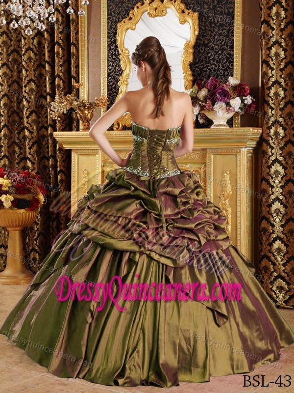 Trendy Strapless Quince Dress in Olive Green with Pick-ups and Appliques