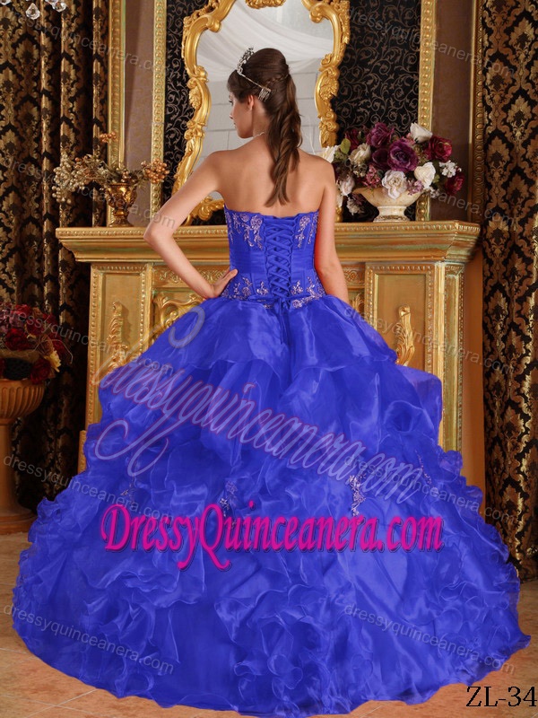 Strapless Royal Blue Dresses for Quinceanera with Appliques and Ruffles