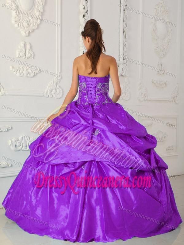 Purple Sweetheart Chic Sweet Sixteen Dress with Appliques and Pick-ups