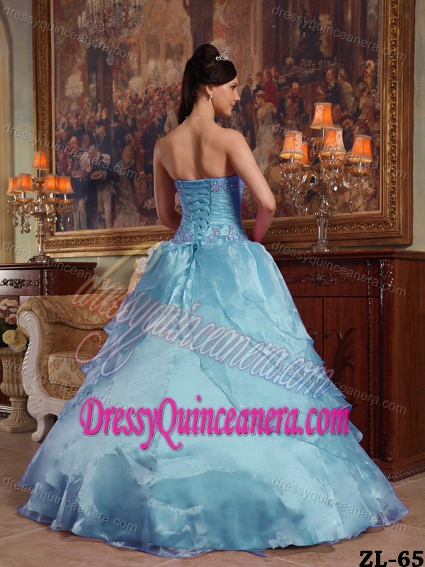 Aqua Blue Strapless Quinceanera Gown Dresses with Appliques for Spring
