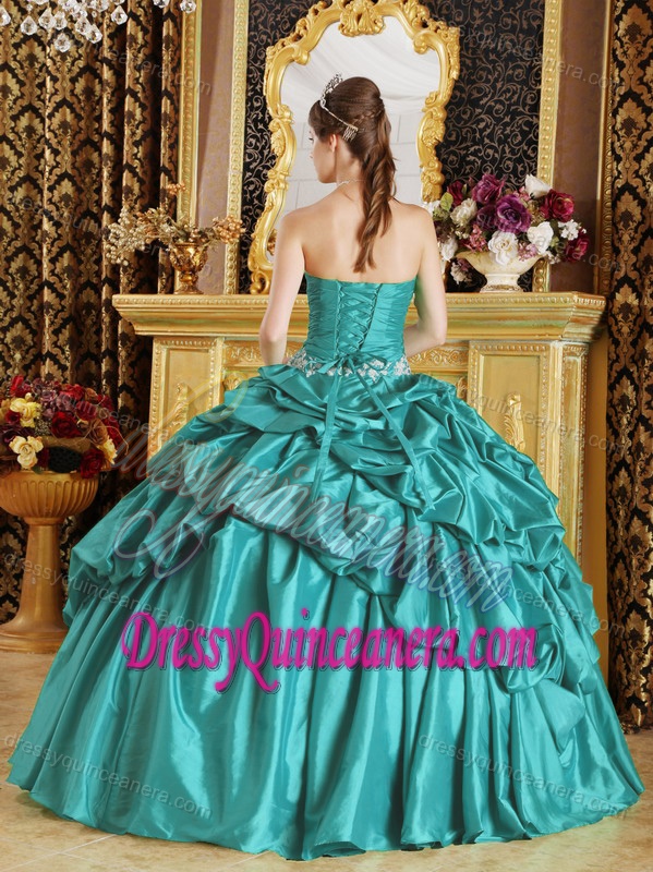 Strapless Teal Sweet 16 Dresses with Pick-ups and Appliques in Low Price