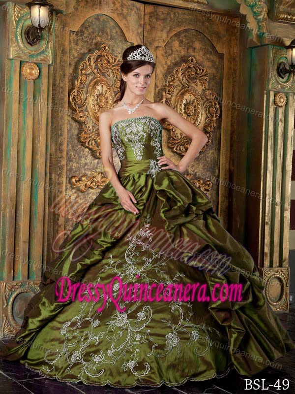 Modest Olive Green Strapless Quince Dress with Pick-ups and Embroidery