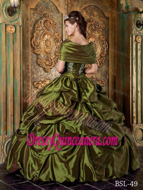 Modest Olive Green Strapless Quince Dress with Pick-ups and Embroidery