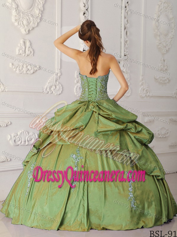 Strapless Olive Green Sweet Sixteen Dress with Embroidery and Pick-ups