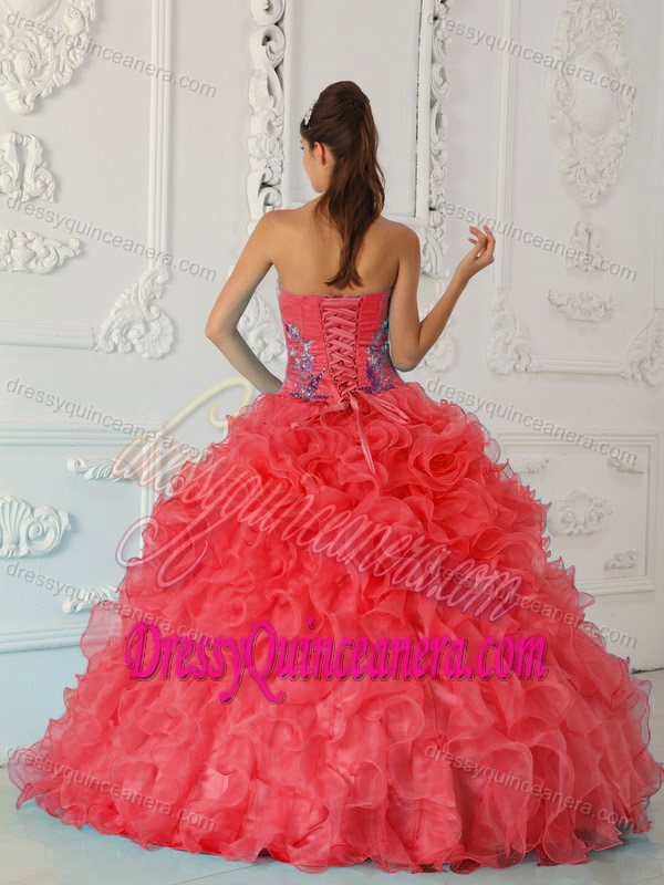 Exquisite Watermelon Strapless Quince Dress with Embroidery and Ruffles