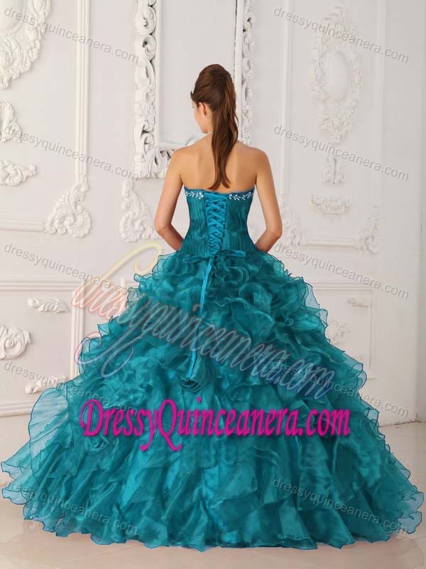 Modest Turquoise Strapless Quinceanera Dress with Appliques and Ruffles