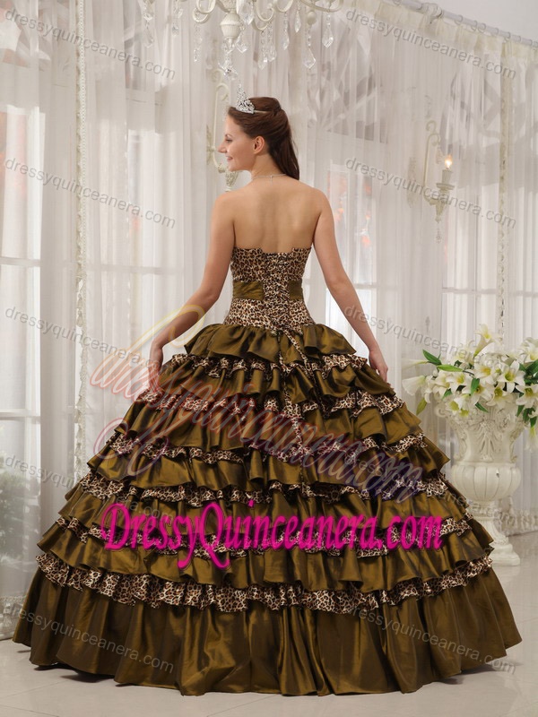 Cheap Brown Sweetheart Floor-length Dresses for Quinceanera in Leopard