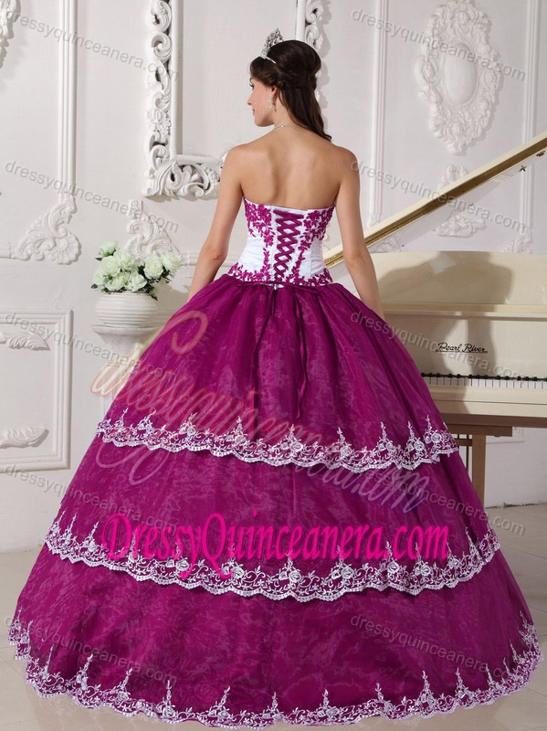 Fuchsia and White Strapless Quince Dresses with Embroidery in Low Price