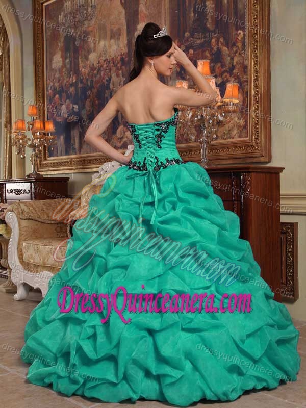 Cheap Turquoise Sweetheart Quince Dress with Embroidery and Pick-ups