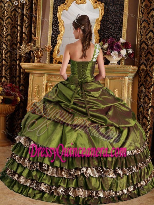 Popular Appliqued One Shoulder Dresses for Quinceanera in Olive Green