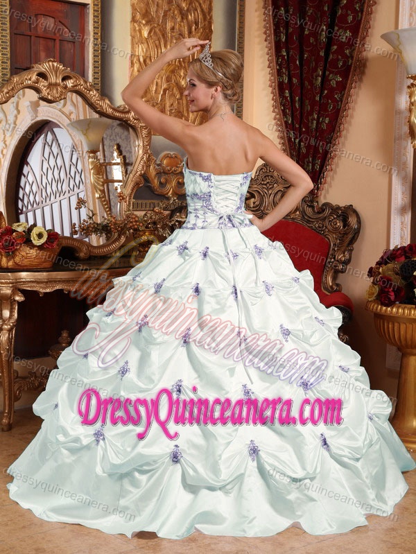 Appliqued White Strapless Dresses for Quinceanera with Pick-ups on Sale
