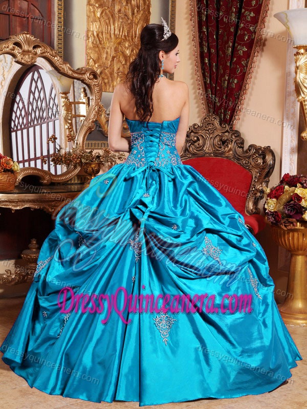 Aqua Blue Strapless Dresses for Quinceanera with Pick-ups and Appliques