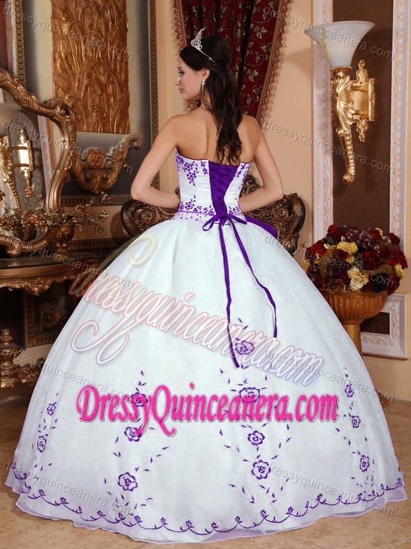 Simple White Strapless Embroidery Quinceanera Dress in Organza on Sale