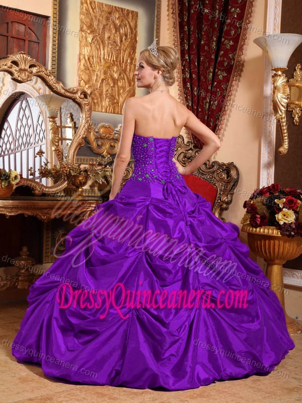 Beaded Strapless Taffeta Eggplant Purple Dress for Quince with Pick Ups