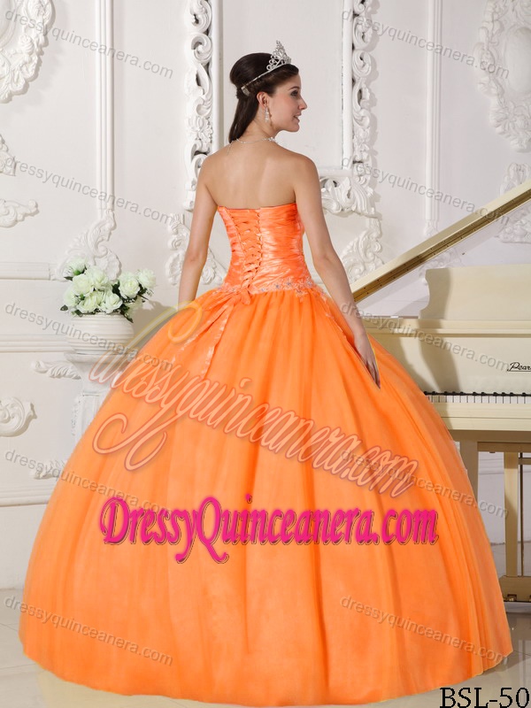 Appliqued Strapless Taffeta and Tulle Quinceanera Dress in Orange Red