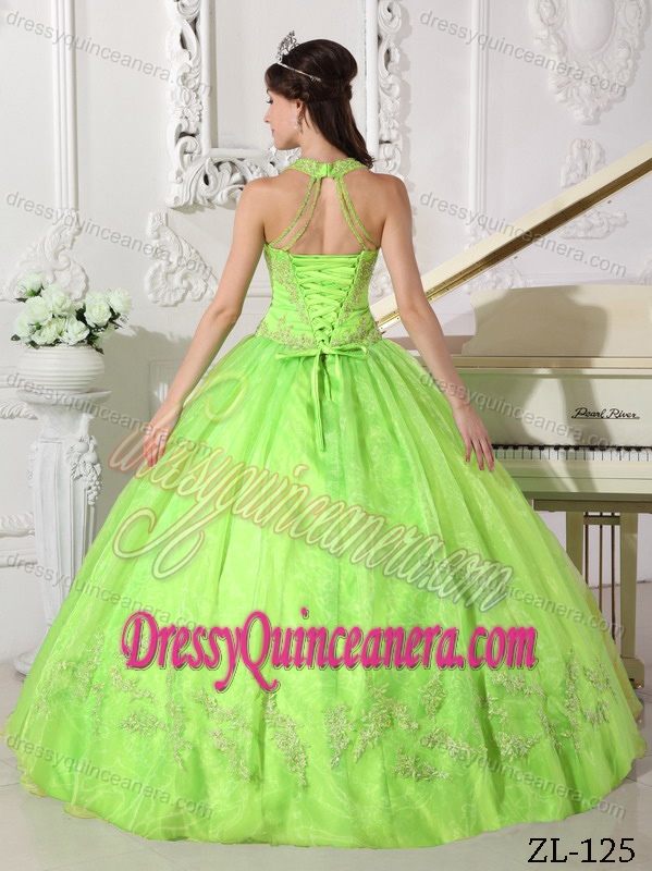 Appliqued Halter Taffeta and Organza Quinceanera Gowns in Yellow Green