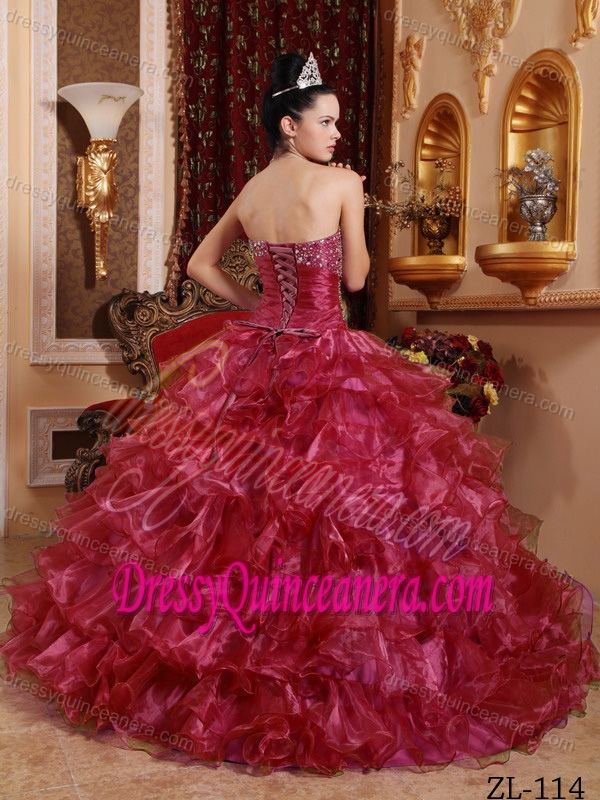 Shining Beaded Sweetheart Organza Quinceanera Dress with Ruffles in Red