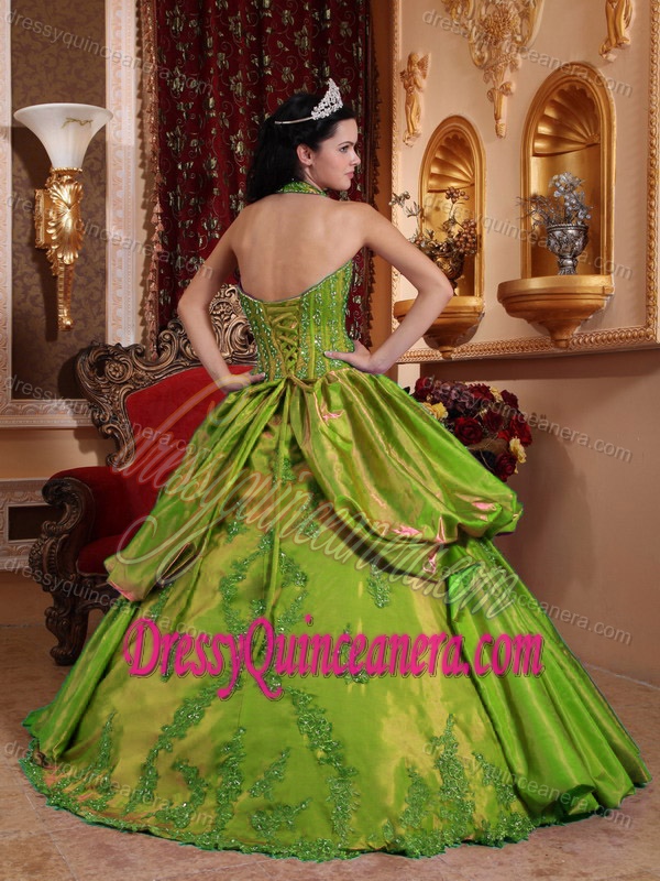 Graceful Halter Top Appliqued Yellow Green Quinceanera Dress in Taffeta