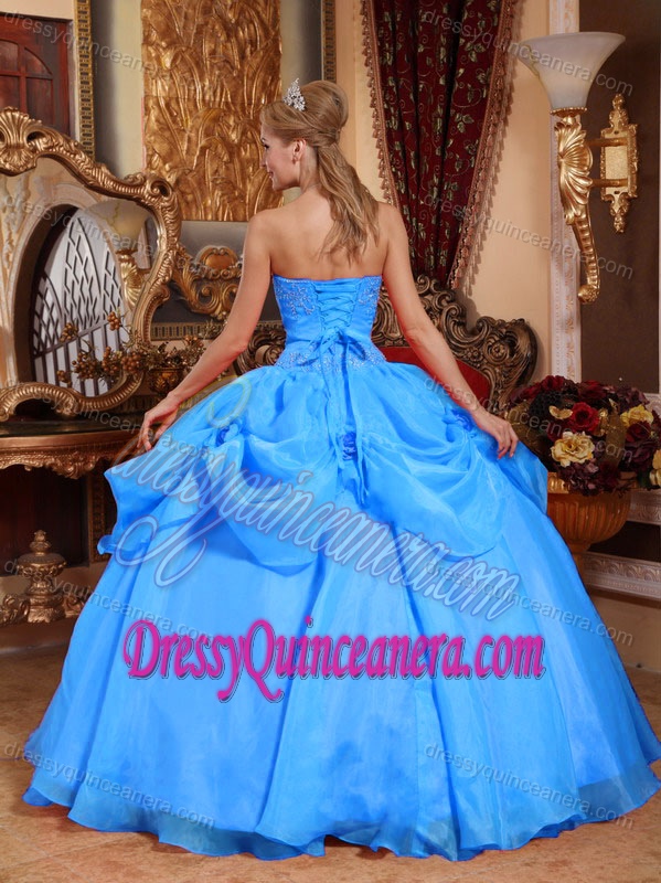 Aqua Blue Sweetheart Taffeta and Organza Sweet 16 Dress with Appliques