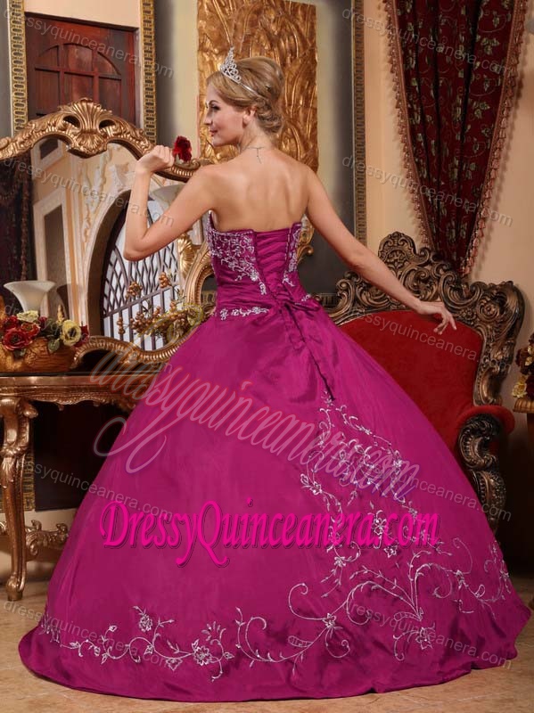 Fuchsia Embroidery Strapless Satin Sweet 16 Dress Best Seller Nowadays