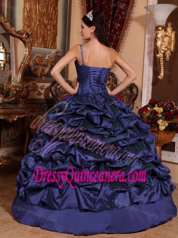 Beaded One Shoulder Taffeta Dress for Quince with Pick Ups in Navy Blue