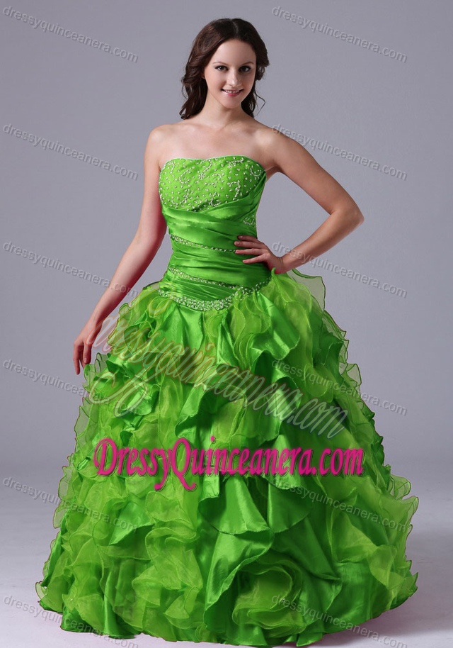2013 Brand New Green Ruffled and Beaded Quinceanera Gowns with Ruffles