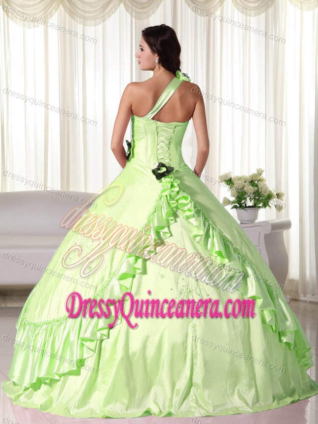 Yellow Green One Shoulder Dresses for Quince in Taffeta with Beading