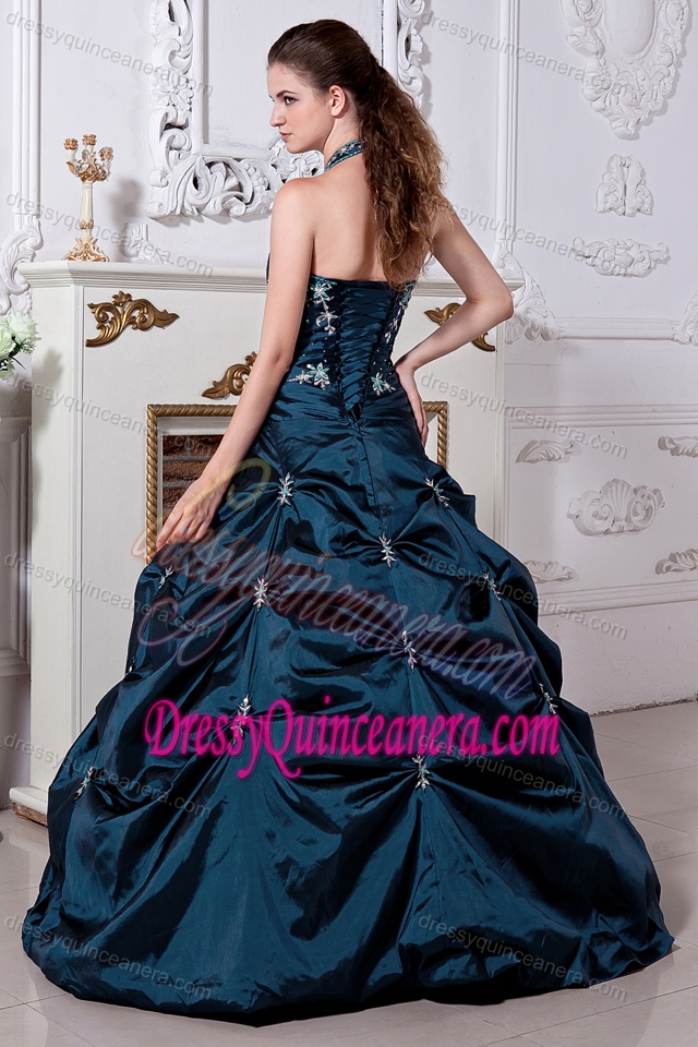 Princess Halter Taffeta Dress for Quince with Pick Ups and Embroidery
