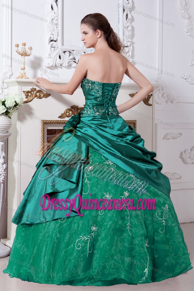 Turquoise Strapless Embroidery Quinceanera Dress in Taffeta and Organza