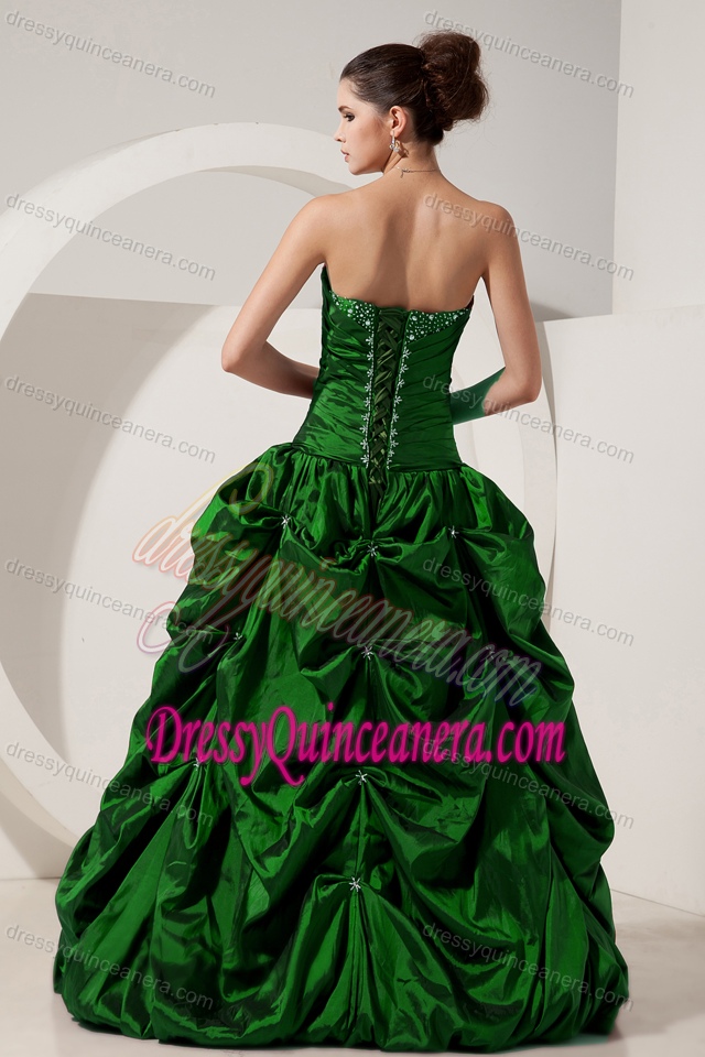 Green A-line Beaded Sweetheart Taffeta Dresses for Quince with Pick Ups