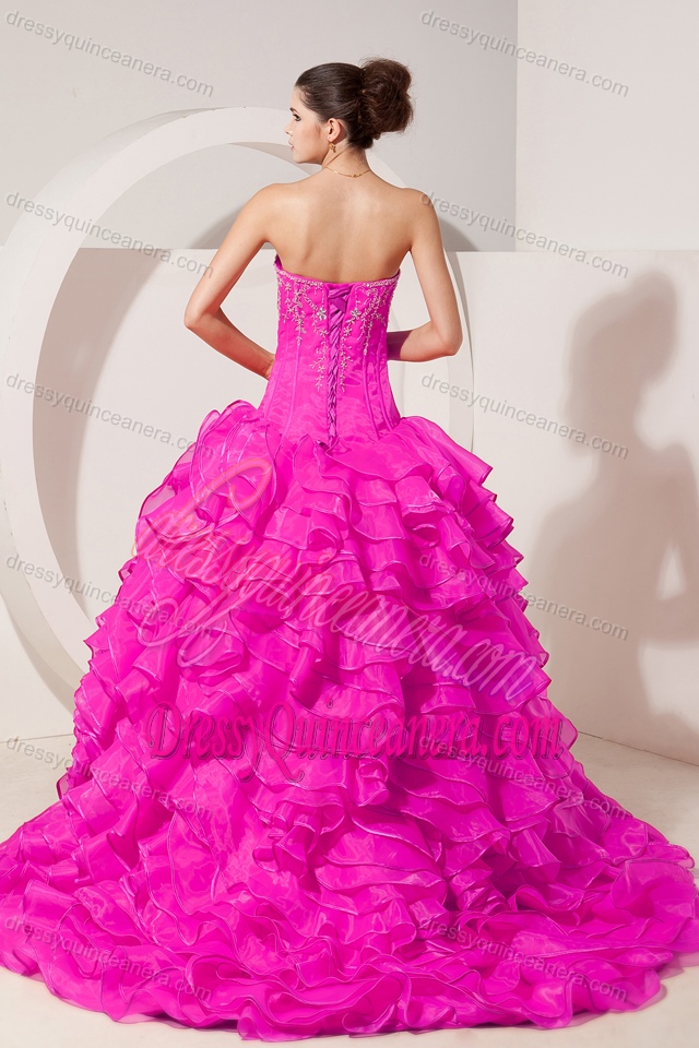 Hot Pink Princess Best Sweet 16 Dress in Organza with Ruffled Layers