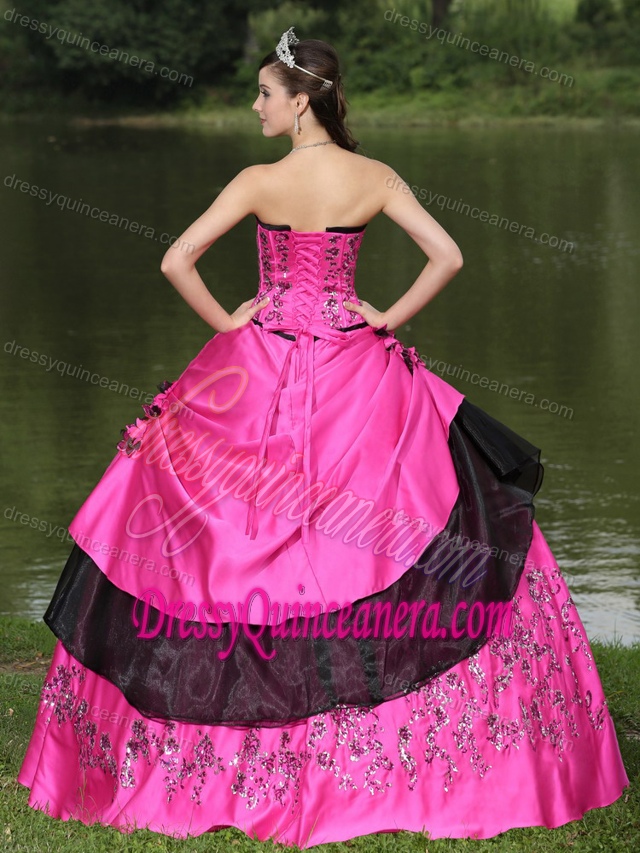 Hot Pink Embroidery Quinceanera Dress in Taffeta with Hand Made Flowers
