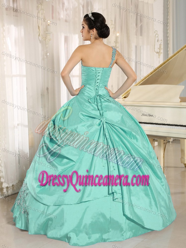 Apple Green One Shoulder Quinceanera Dresses with Appliques and Beading