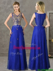 Gorgeous V Neck Appliques and Beading Dama Dress in Royal Blue