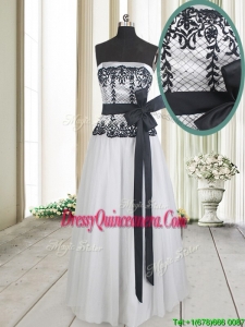 Cheap Strapless White and Black Long Dama Dress with Bowknot and Lace