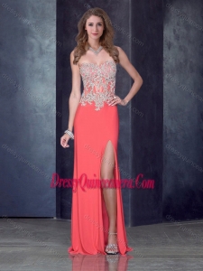 2016 Column Watermelon Red Dama Dress with High Slit and Appliques