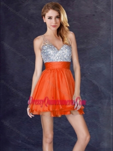 New Style Backless Orange Red Short Dama Dress with Sequins