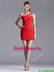 New Arrivals Side Zipper One Shoulder Red 2016 Dama Dresses with Beading