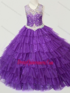 Affordable Beaded and Ruffled Layers Little Girl Pageant Dress in Purple